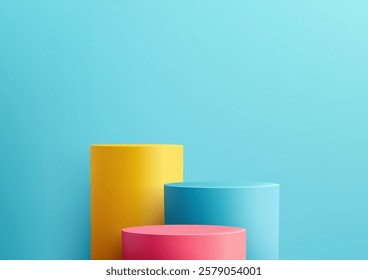 Bright 3D podiums in yellow, blue, and pink set against a light blue background. Perfect for showcasing products, mockups, and modern designs with a vibrant, minimal aesthetic