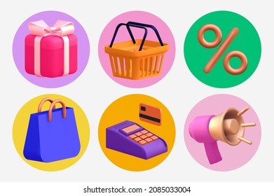 Bright 3d shopping icon set isolated on white background. Vector illustration