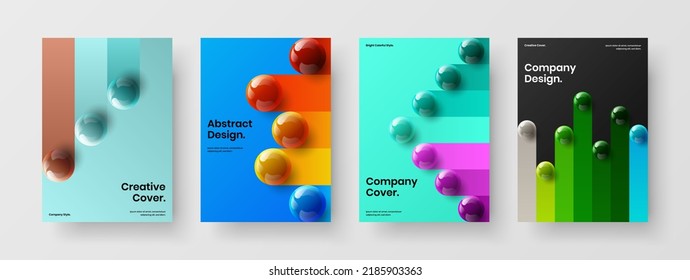 Bright 3D spheres catalog cover illustration collection. Geometric presentation vector design concept bundle.