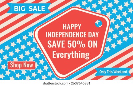 Bright 4th of July sale banner with red, white, and blue patriotic colors, stars and stripes. Ideal for Independence Day promotions, discounts, and marketing campaigns.