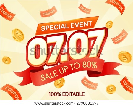 Bright 7.7 super sale event banner, featuring bold yellow numbers, July 7.7 Sale text, flying coupon tickets, sparkling stars, and a bright blue rays background. 3d vector
