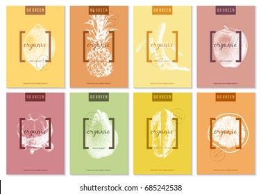 Bright 8 posters collection with hand drawn fruits. Vector illustration