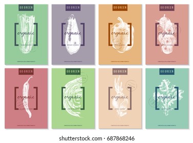 Luminosa colección de 8 afiches con verduras hechas a mano. Ilustración del vector