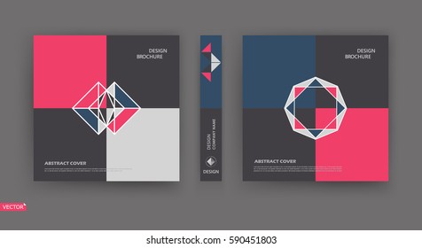 Bright a4 brochure cover design. Pink, blue, white, black Info banner frame. Patch title sheet model set. Modern vector front page. Elegant brand logo texture. Colored figure icon. Ad flyer text font
