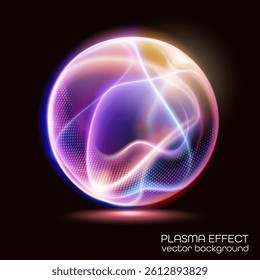 Bright abstract 3d sphere with neon light waves and plasma glow on dark background. Modern futuristic vector design.