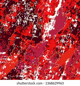 Bright abstract art vector seamless pattern. Textured scarlet and burgundy marble background with splashes and golden strips. Template for textile, wallpaper, cover, web, card, carton, banner, label.
