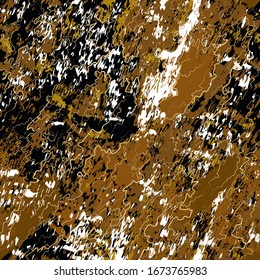 Vector de arte abstracto brillante patrón transparente. Marmol marrón y negro con fondo texturado con líneas onduladas doradas. Plantilla con manchas para textil, papel pintado, portada, banner web, etiqueta.