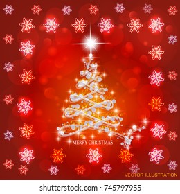 Bright abstract background with christmas tree and stars. Illustration in red and white colors. Vector illustration.