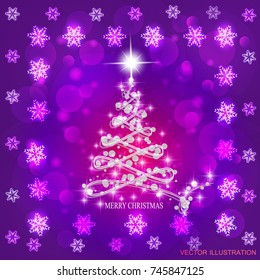 Bright abstract background with christmas tree and stars. Vector Illustration in lilac and white colors.