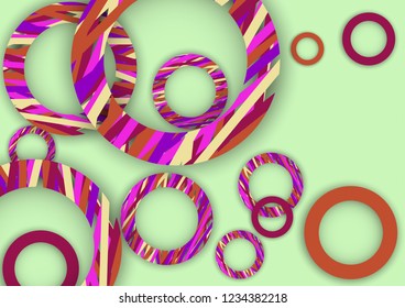 Bright abstract background. Colored rings with textured stripes with soft shadow on a light background. Design for advertising, website, banners and posters.