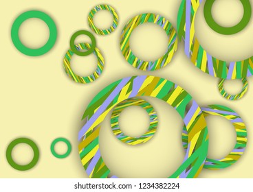 Bright abstract background. Colored rings with textured stripes with soft shadow on a light background. Design for advertising, website, banners and posters.