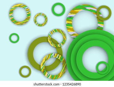 Bright abstract background. Colored rings with textured stripes with soft shadow on a light background. Design for advertising, website, banners and posters.