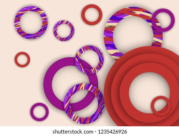 Bright abstract background. Colored rings with textured stripes with soft shadow on a light background. Design for advertising, website, banners and posters.