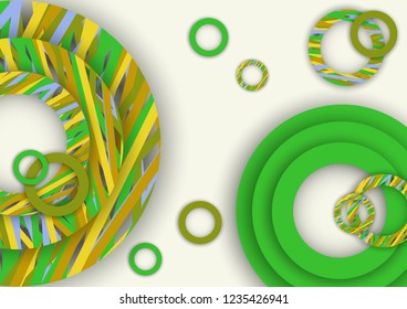 Bright abstract background. Colored rings with textured stripes with soft shadow on a light background. Design for advertising, website, banners and posters.