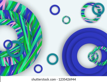 Bright abstract background. Colored rings with textured stripes with soft shadow on a light background. Design for advertising, website, banners and posters.