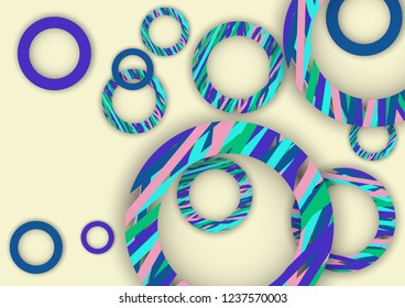Bright abstract background. Colored rings with textured stripes with soft shadow on a light background. Design for advertising, website, banners and posters.