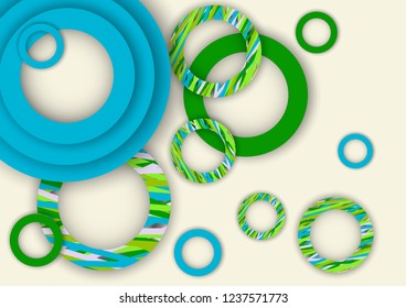 Bright abstract background. Colored rings with textured stripes with soft shadow on a light background. Design for advertising, website, banners and posters.