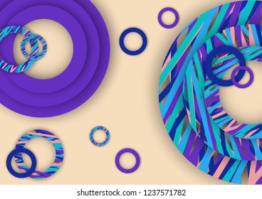 Bright abstract background. Colored rings with textured stripes with soft shadow on a light background. Design for advertising, website, banners and posters.