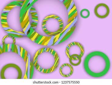 Bright abstract background. Colored rings with textured stripes with soft shadow on a light background. Design for advertising, website, banners and posters.