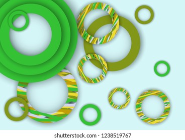 Bright abstract background. Colored rings with textured stripes with soft shadow on a light background. Design for advertising, website, banners and posters.