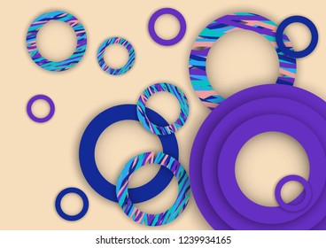 Bright abstract background. Colored rings with textured stripes with soft shadow on a light background. Design for advertising, website, banners and posters.