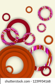 Bright abstract background. Colored rings with textured stripes with soft shadow on a light background. Design for advertising, website, banners and posters.