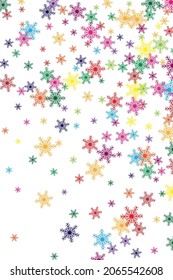 Bright abstract bright background from colored snowflakes on a white background