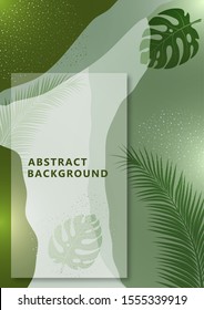 Bright abstract background, colored waves, dots, monstera leaves and palm trees. Universal art template. Modern graphic design for banners, business cards, invitations, gift cards, flyers, brochures. 