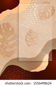 Bright abstract background, colored waves, dots, monstera leaves. Universal art template. Modern graphic design for banners, business cards, invitations, gift cards, flyers, brochures. Vector 