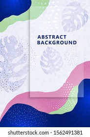 Bright abstract background, colored waves, dots, monstera leaves. Universal art template. Modern graphic design for banners, business cards, invitations, gift cards, flyers, brochures. Vector 