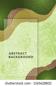 Bright abstract background, colored waves, dots, monstera leaves. Universal art template. Modern graphic design for banners, business cards, invitations, gift cards, flyers, brochures. Vector 