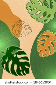 Bright abstract background, colored waves, texture, monstera leaves. Universal art template. Modern design for banners, business cards, invitations, gift cards, flyers, brochures. Vector illustration