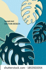 Bright abstract background, colored waves, texture, monstera leaves. Universal art template. Modern design for banners, business cards, invitations, gift cards, flyers, brochures. Vector illustration