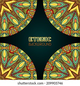 Bright abstract background with ethnic patterns on corners. Frame composition with tribal ornament in stained glass style. Copy space. Vector file is EPS8, all elements are grouped by colors.