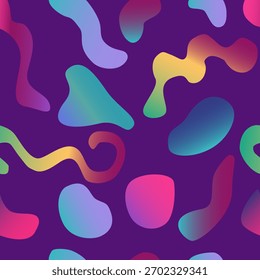 Fundo abstrato brilhante com formas orgânicas fluidas e gradientes suaves em tons de néon. Formas coloridas dispostas sobre um fundo roxo criam uma atmosfera dinâmica e moderna. Para design, banners da Web