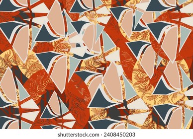 Bright abstract background with geometric elements for fabrics or textiles. Textural backdrop with triangle and circle motifs for business, covers, scrapbooking, fashion, tiles, carpets and interiors