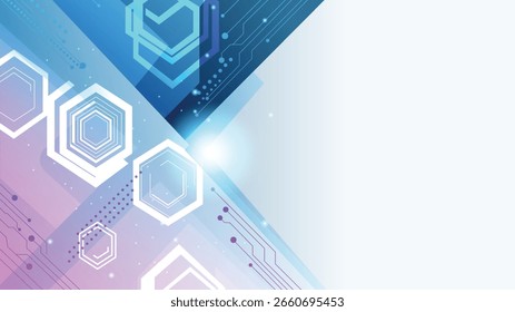 Bright abstract background with geometric hexagon shapes and light rays, leaving open white space on the right.