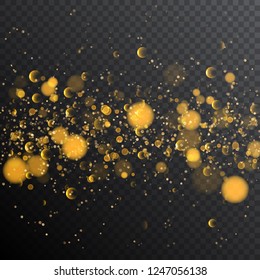 Bright abstract background of glowing gold particles with bokeh effect. Light effects on a transparent background. Vector illustration