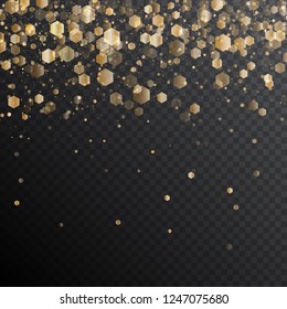 Bright abstract background of glowing gold particles with bokeh effect. Light effects on a transparent background. Vector illustration