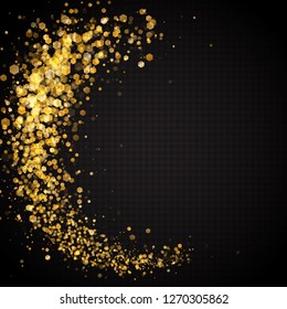 Bright abstract background of glowing gold particles with bokeh effect. Background with transparent light effects. Vector illustration