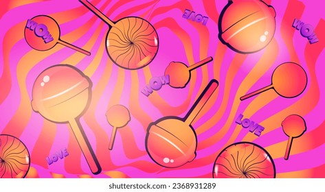 Bright abstract background with lollipops. 80-90s style