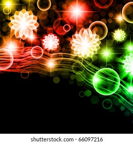 bright abstract background with multicolored round flowers and shapes