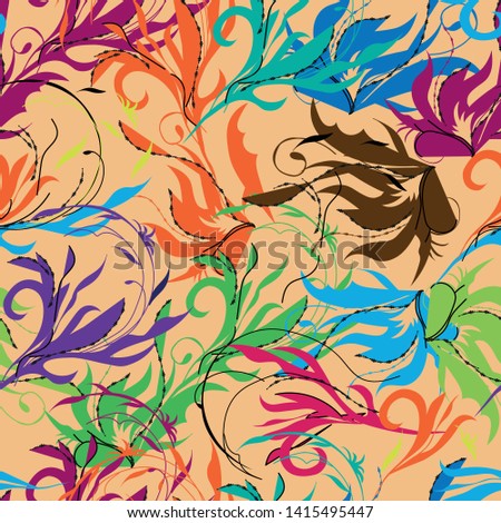 Bright abstract background, oriental ornament. Floral colorful print hand drawn elements on broun