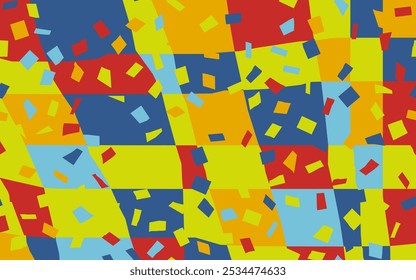 Fondo abstracto brillante con cuadriláteros de colores azul, rojo y amarillo. Fondo festivo para papel, envoltura de regalo, textil, tarjeta, Fondo de pantalla.