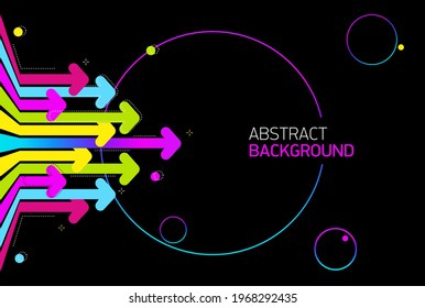 Fondo abstracto brillante con flechas de arco iris sobre fondo negro. Ilustración vectorial futurista de avanzar.