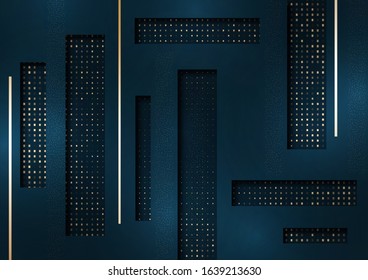Bright abstract background. Rectangles, stripes, small particles, halftones from squares. Universal template for business design for cover, business card, flyer. Vector illustration