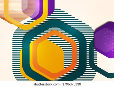 Fondo abstracto brillante de hexágonos y líneas multicolores redondeados. Plantilla de presentación comercial. Diseño geométrico moderno. Ilustración del vector