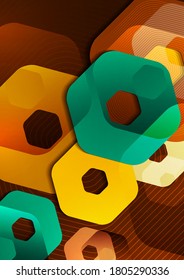 Bright abstract background of rounded multicolored hexagons and lines. Business presentation template. Modern geometric design. Vector illustration