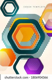 Bright abstract background of rounded multicolored hexagons and lines. Business presentation template. Modern geometric design. Vector illustration
