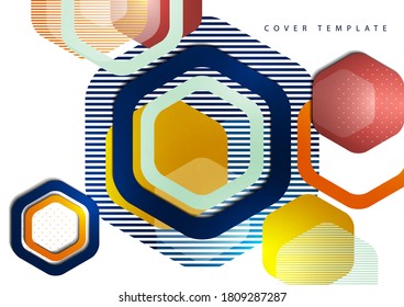 Bright abstract background of rounded multicolored hexagons and lines. Business presentation template. Modern geometric design. Vector illustration